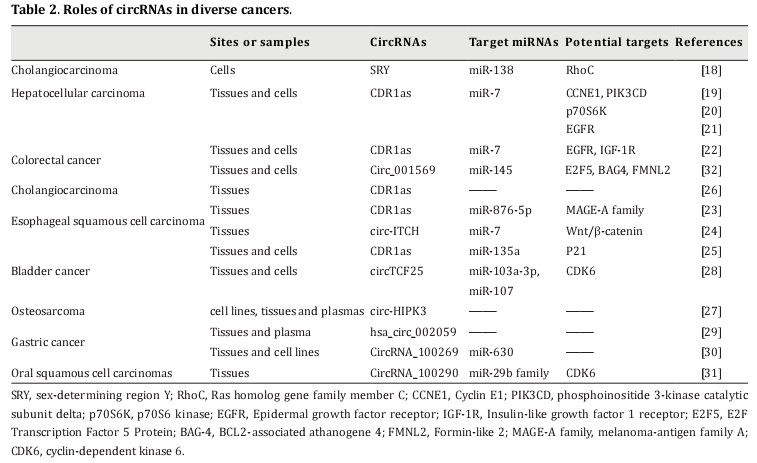 Table 2. Roles of circRNAs in diverse cancers.