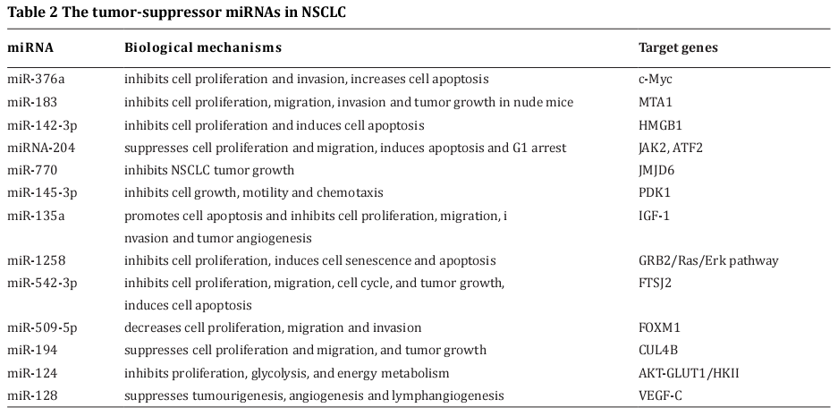 Table 2 The tumor-suppressor miRNAs in NSCLC